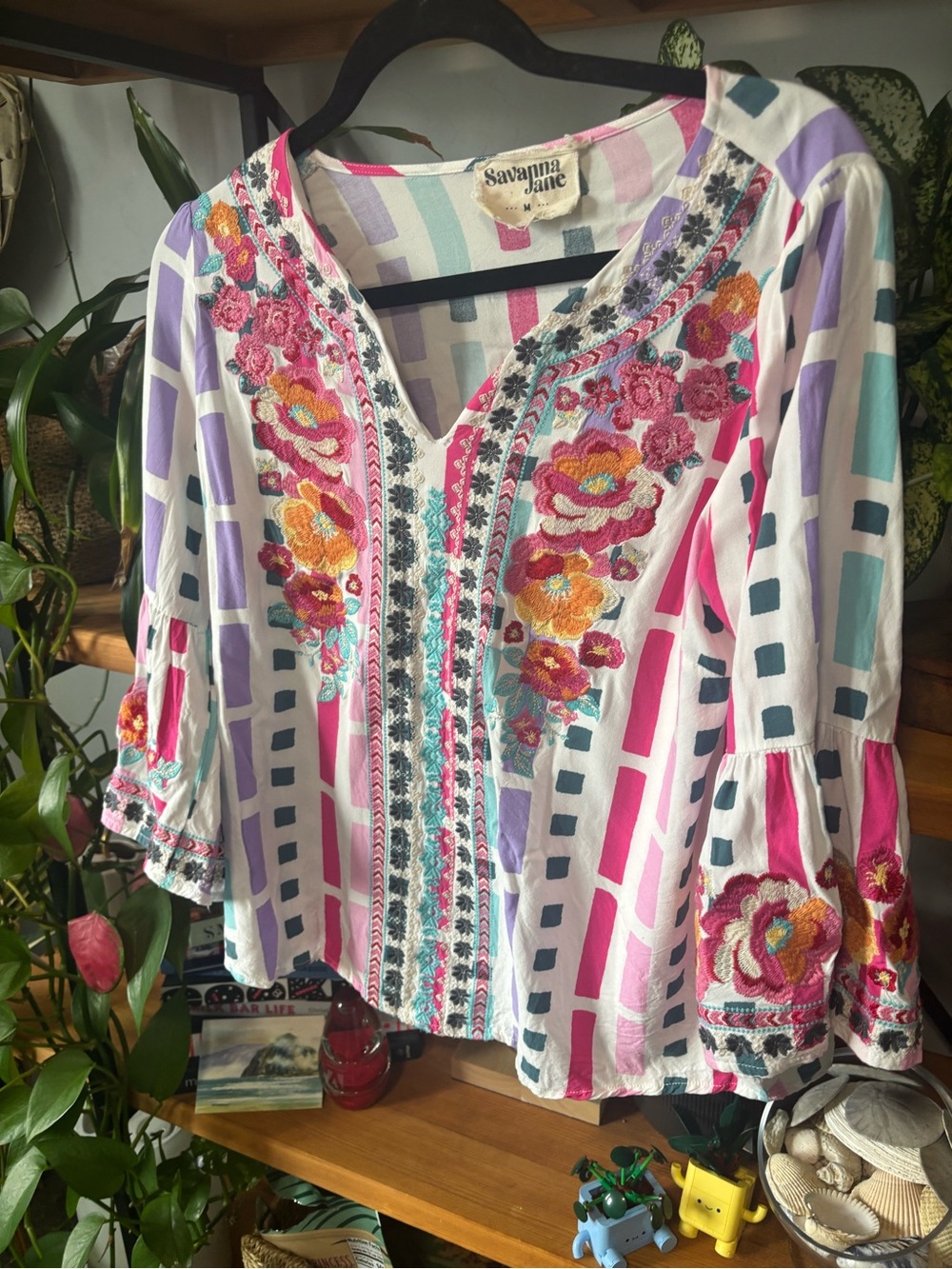 Savanna Jane White Pink Purple Multi-Color Embroidered Peasant Tunic | Medium - Picture 3 of 6